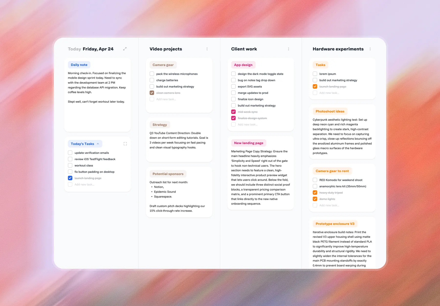 The droplist daily planner: today's tasks and a journal entry on the left, tagged notes on the right.